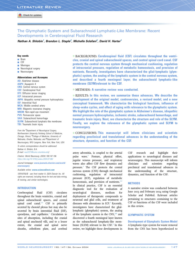 Glymphatic System and SLYM Insights | PDF | Cerebrospinal Fluid ...
