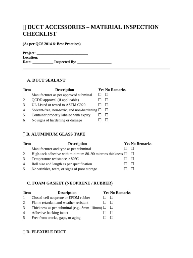 Duct Accessories - Check List | PDF | Duct (Flow) | Secondary Sector Of ...