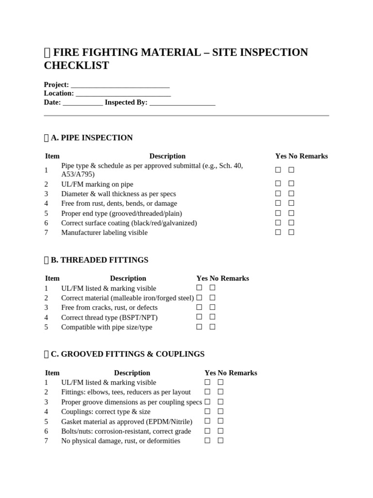 Fire Fighting Material Inspection Checklist | PDF