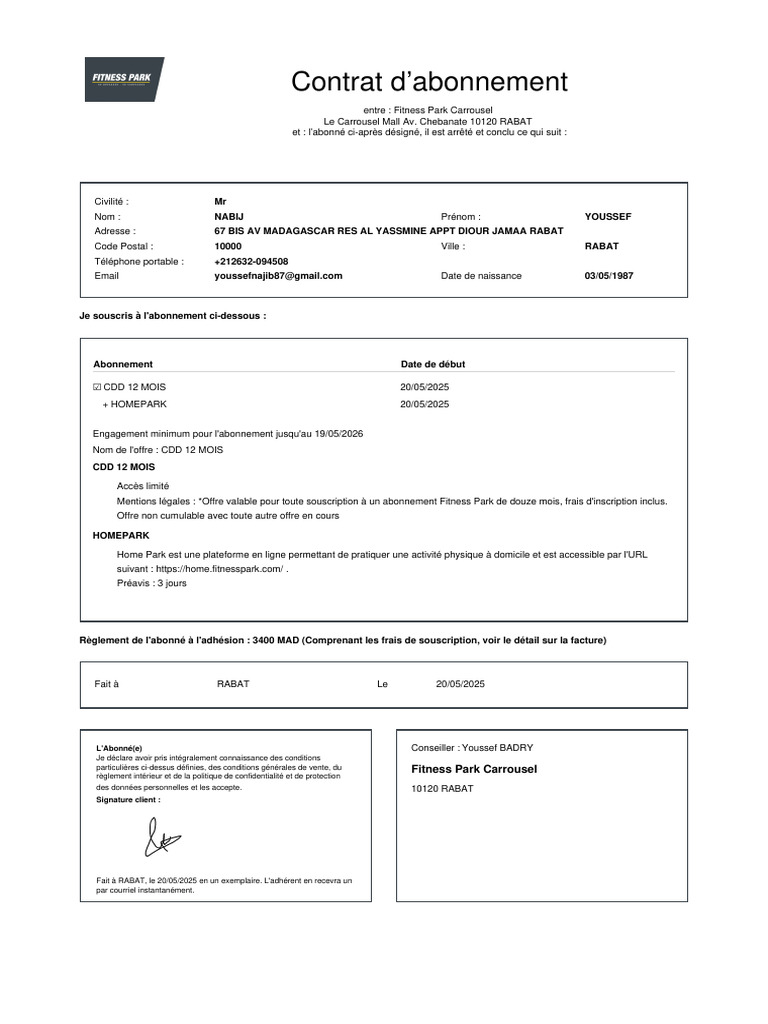 Contrat d'abonnement Fitness Park 12 mois | PDF | Cookie (informatique ...