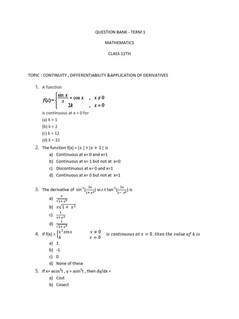 Class 12 Math: Continuity & Differentiability Questions | PDF | Tangent ...