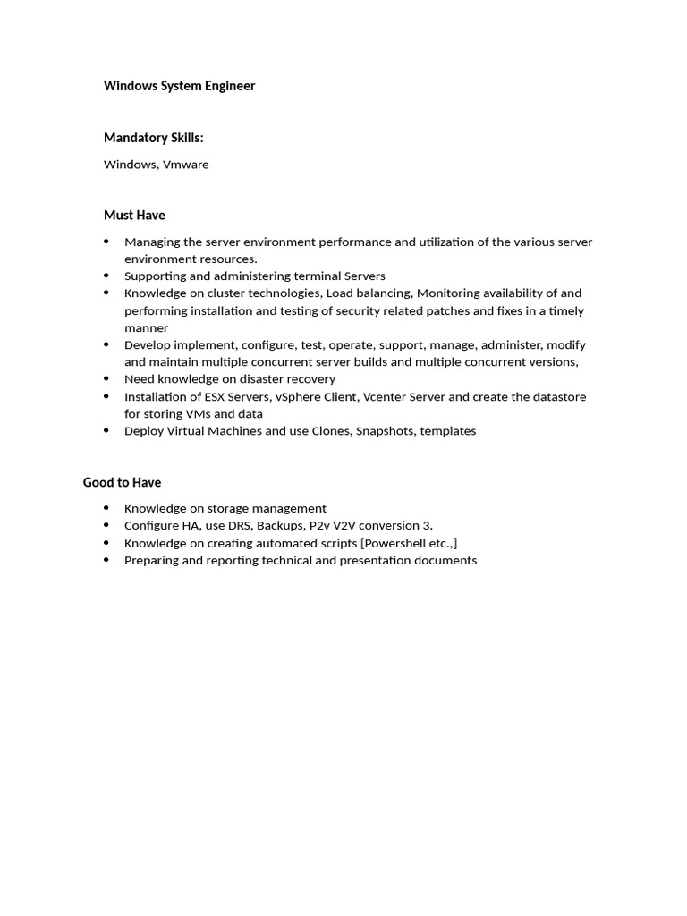 Windows System Engineer Job Overview | PDF