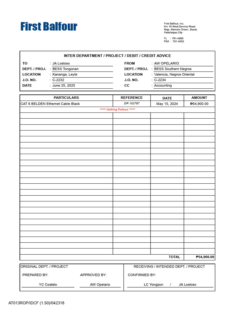 Interdepartmental Debit Credit Advice | PDF