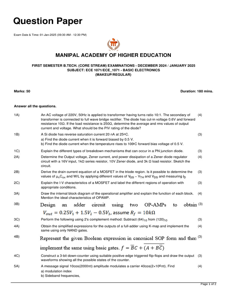 B.Tech Basic Electronics Exam Paper | PDF | Frequency Modulation ...
