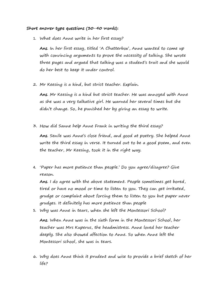 Assignment ShortLong Questions Anne Frank Answer Key | PDF | Thought ...