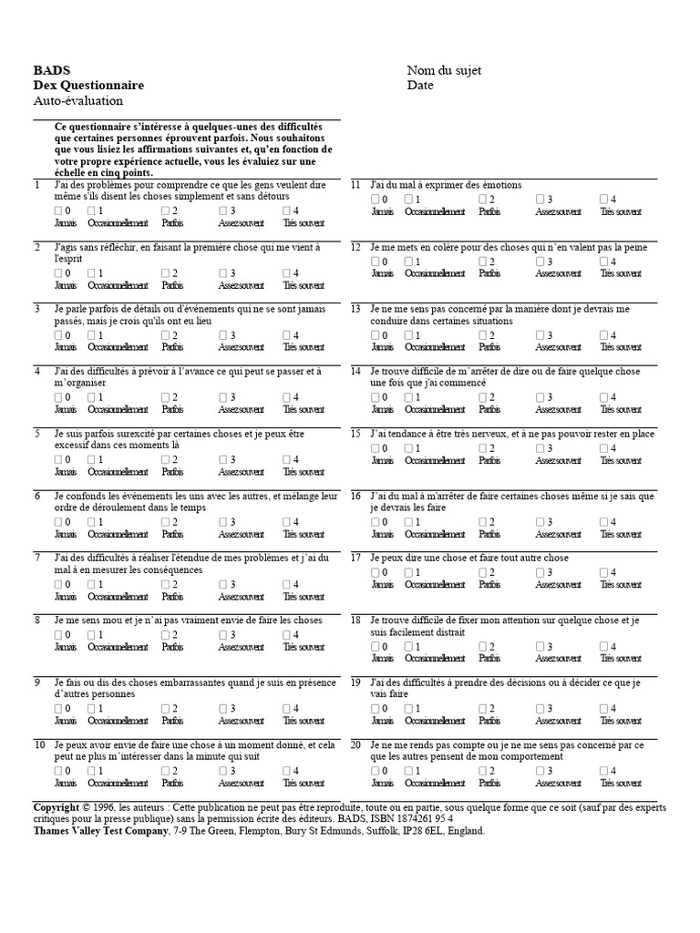 Questionnaire d'Auto-évaluation BADS | PDF | Psychologie