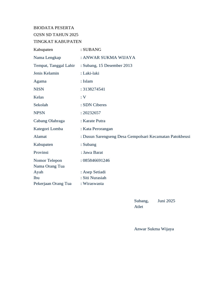 Biodata Atlet O2SN Karate Subang 2025 | PDF