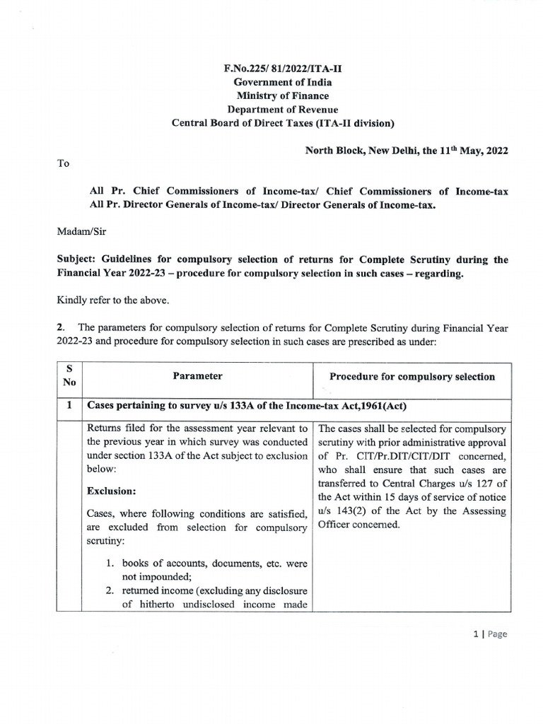 Income Tax Scrutiny Guidelines For FY 2223 DT 11.05.22 | PDF