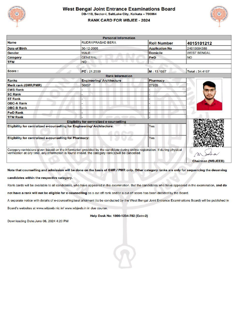 Wbjee Rank Card | PDF