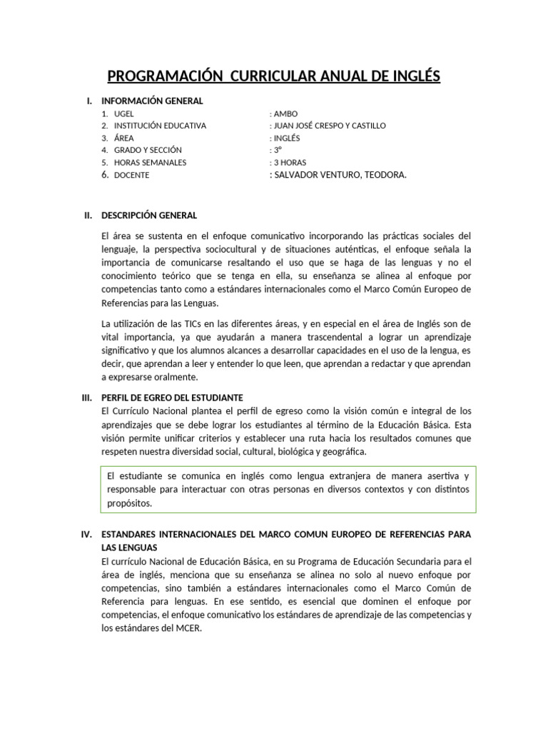 Currículo Anual de Inglés 3° Grado | PDF | Plan de estudios | Idioma en ...