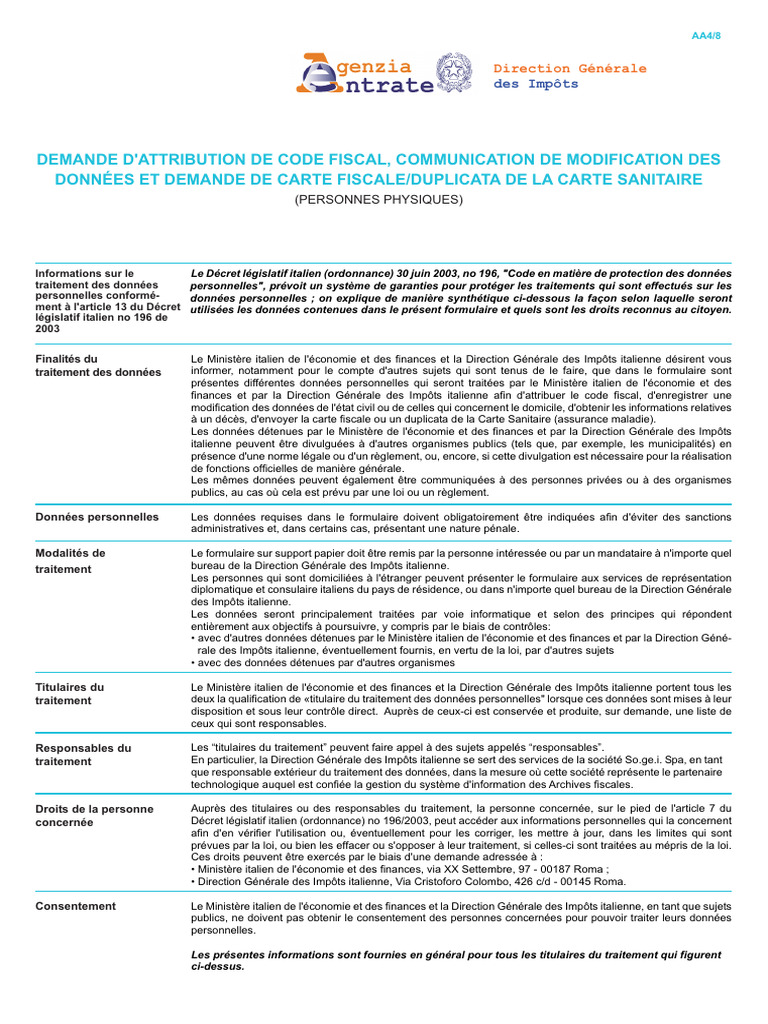 Demande de Code Fiscal Italien AA4/8 | PDF | Impôts | Loi