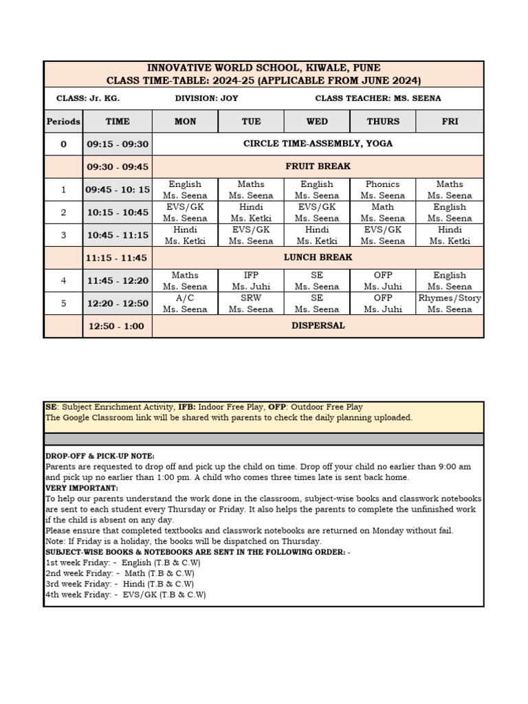 Jr. KG Class Timetable 2024-25 | PDF