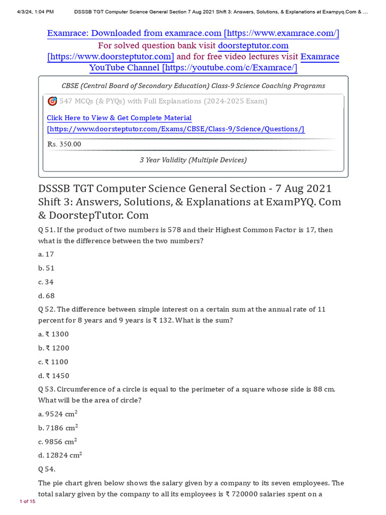 DSSSB TGT Computer Science General Section 7 Aug 2021 Shift 3 Part 2 ...