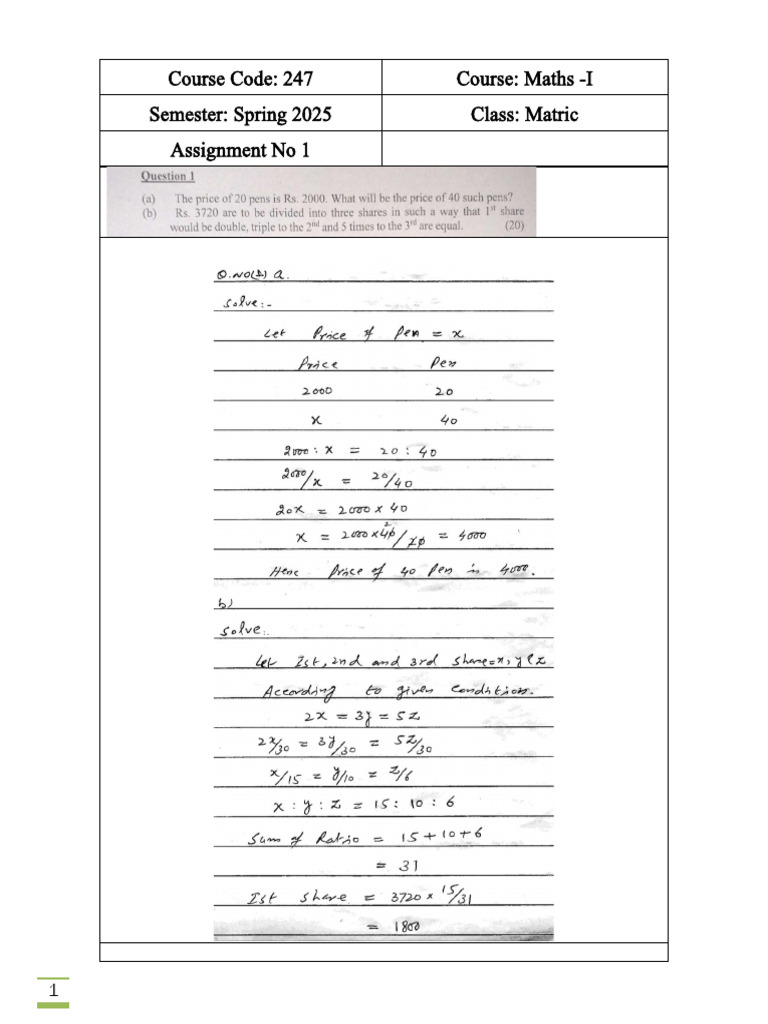 Course Code: 247 Course: Maths - I Semester: Spring 2025 Class: Matric ...