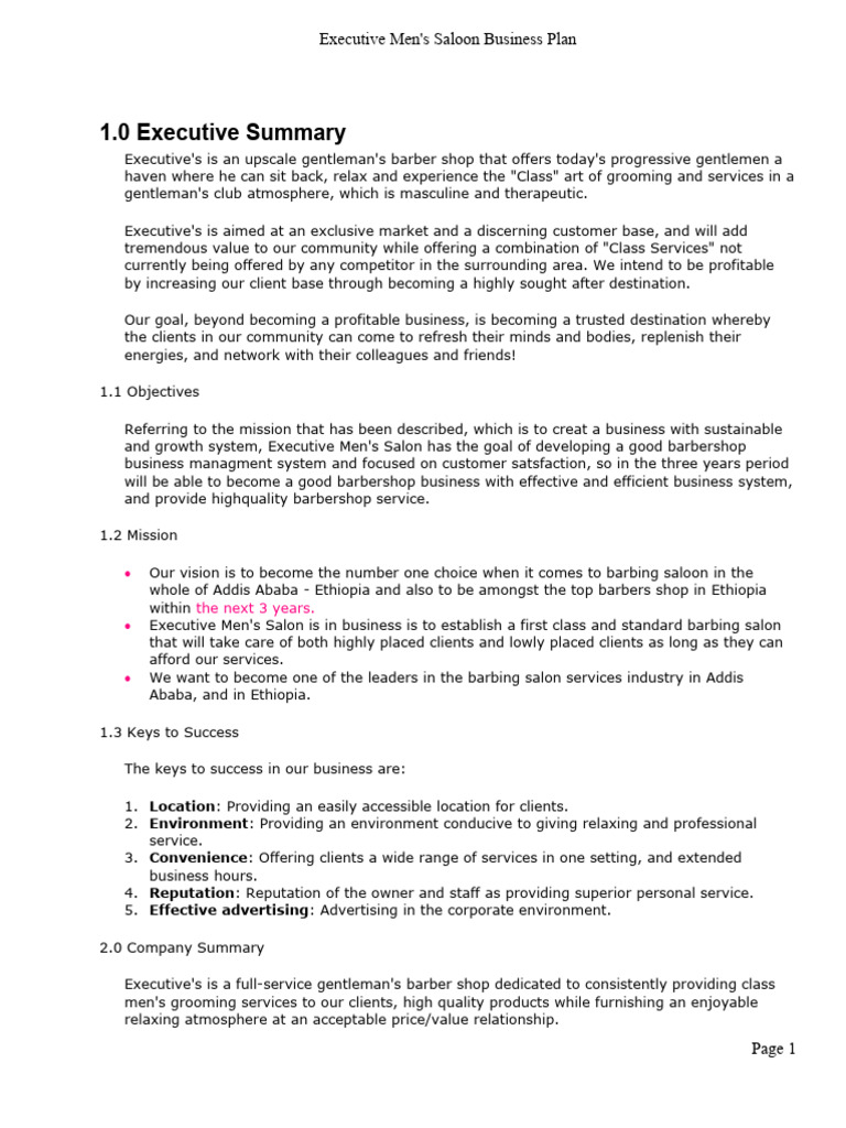 Executive Men's Salon Business Plan | PDF | Shaving | Hair