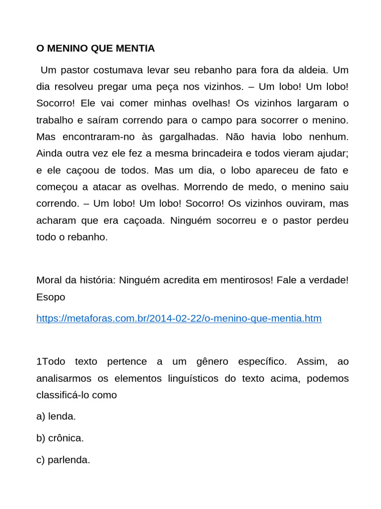 O Menino que Mentia: Fábula e Moral | PDF