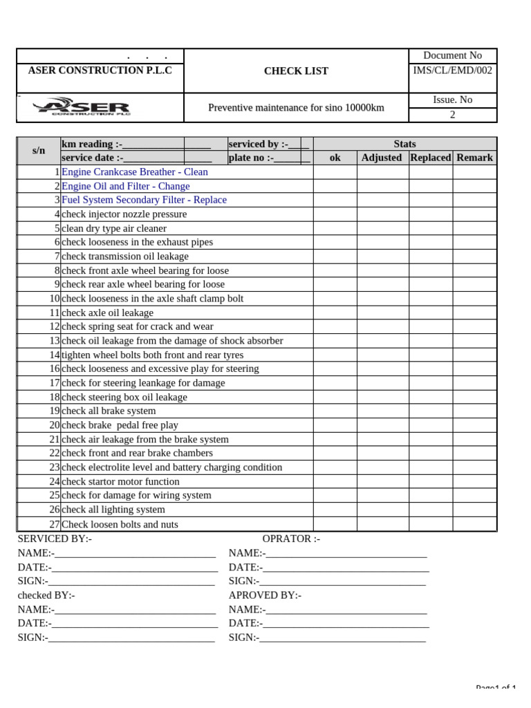 Heavy Truck PM Service Checklist | PDF | Vehicle Parts | Land Vehicles
