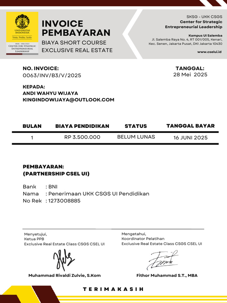 Invoice Pembayaran Short Course Real Estate | PDF