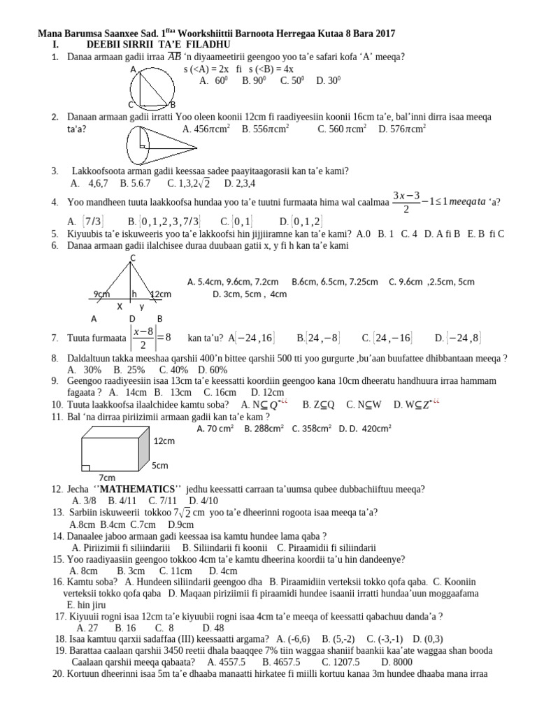 Worksheet Barnoota Herregaa Kutaa 8ffaa Bara 2016 | PDF