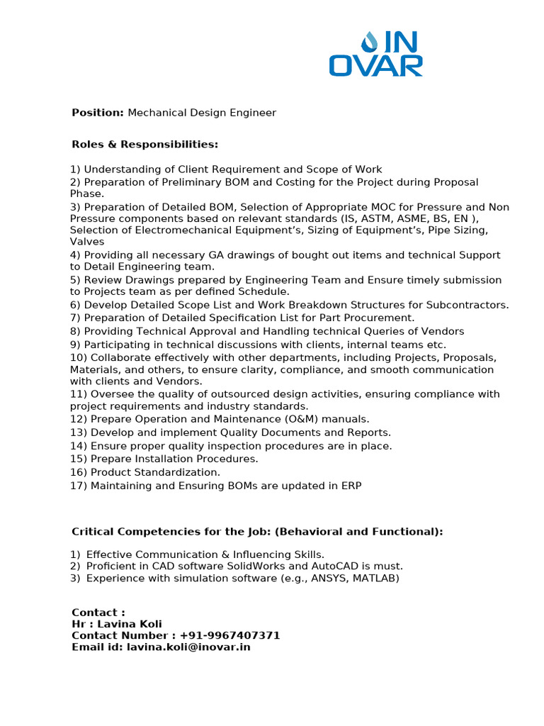 Mechanical Design Engineer Responsibilities | PDF