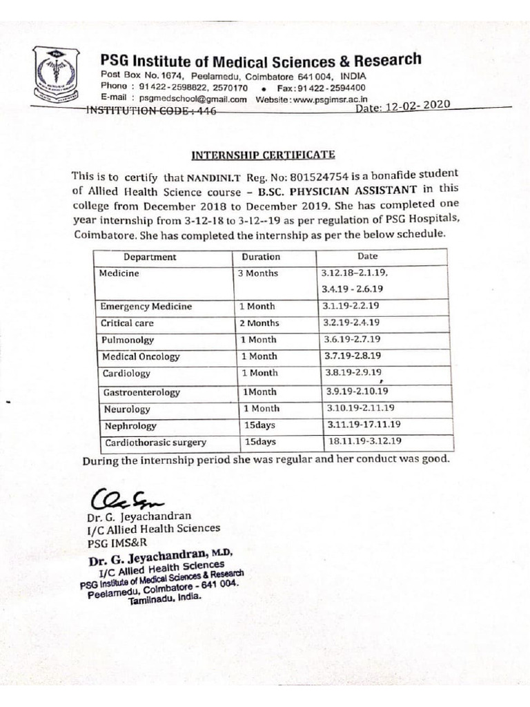 Internship Certificate for B.Sc. Physician Assistant | PDF