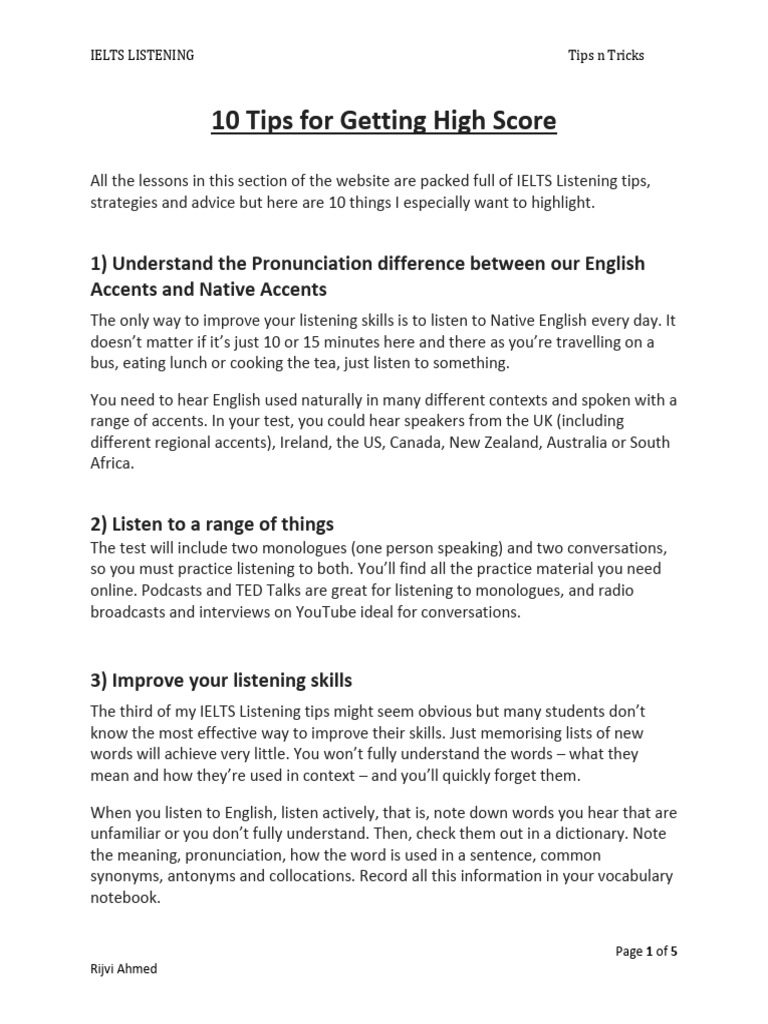 10 Tips For Getting High Score | PDF | Accent (Sociolinguistics ...
