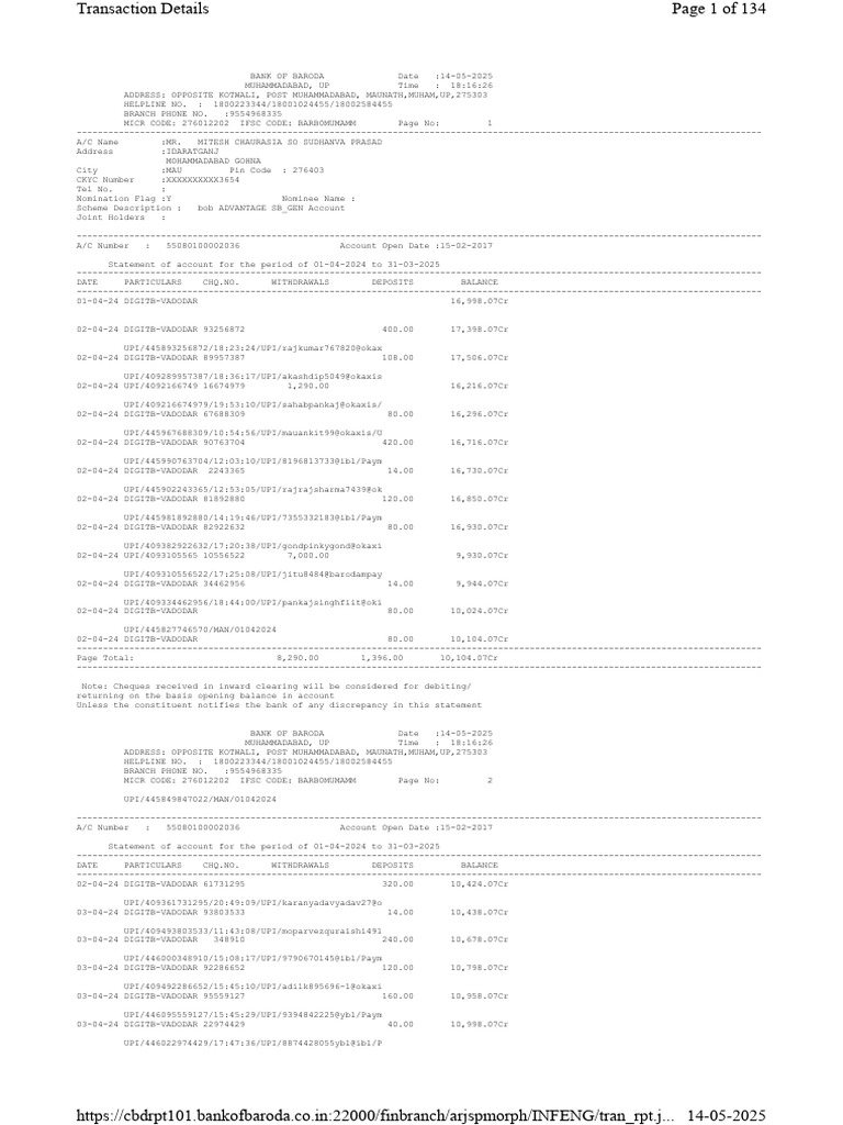 Bank of Baroda Account Statement 2025 | PDF | Banks | Cheque