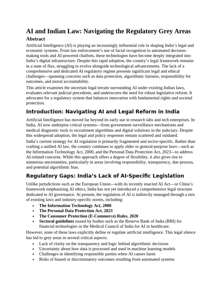 AI and Indian Law Navigating The Regulatory Grey Areas | PDF ...