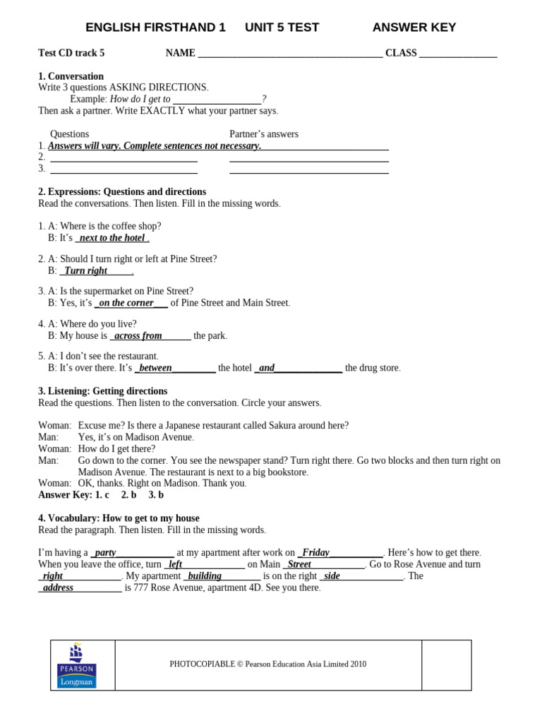 English Firsthand 1 Unit 5 Test Key | PDF