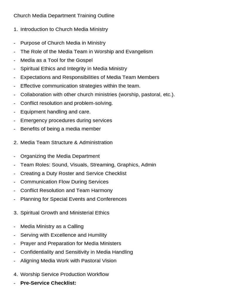 Church Media Department Training Outline | PDF | Camera | Video