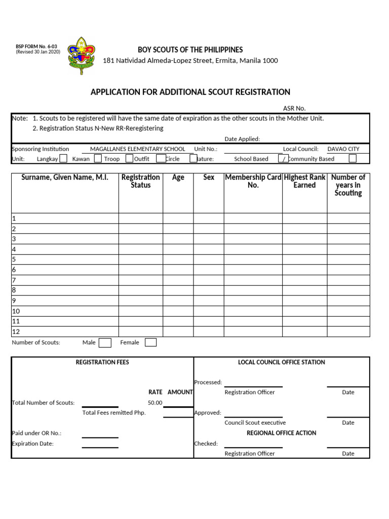 BSP Additional Scout Registration Form | PDF