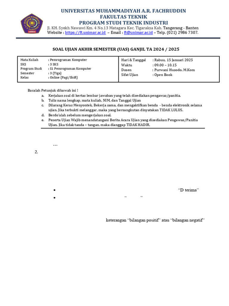 Soal UAS Pemrograman Komputer 2024 | PDF