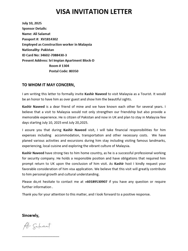 Malaysia Tourist Visa Invitation Letter | PDF