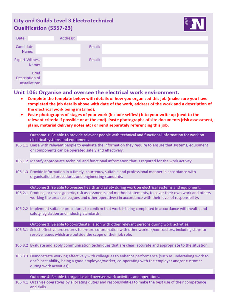 Job Sheet Template for Electricians 5357-23 | PDF | Specification ...