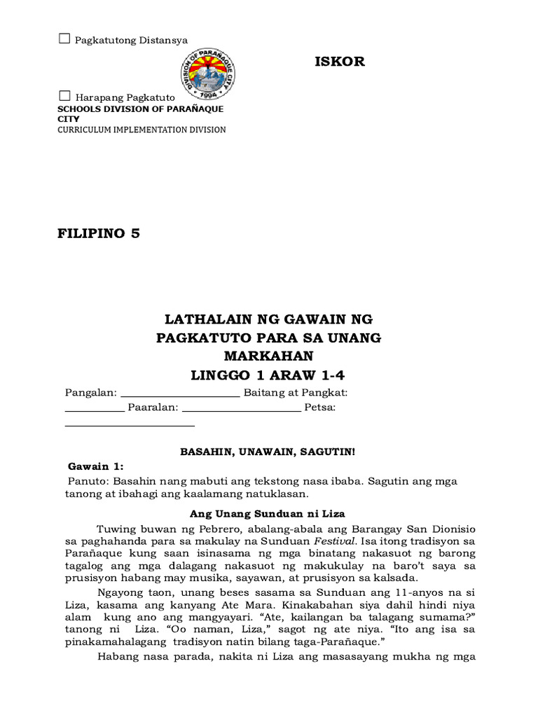Filipino 5 Las1 q1 Lago | PDF