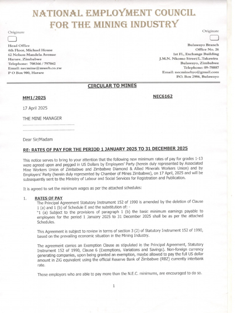 NEC Mining Industry Wage Rates 2025 | PDF