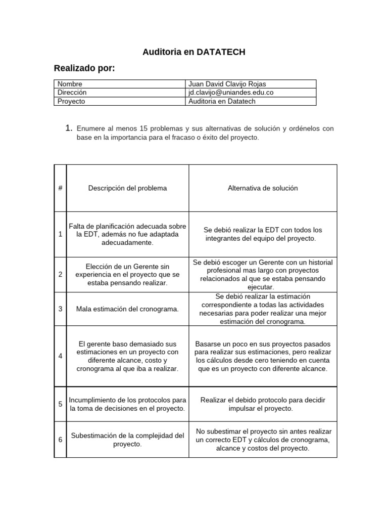 Auditoría de Proyecto en Datatech | PDF | Planificación