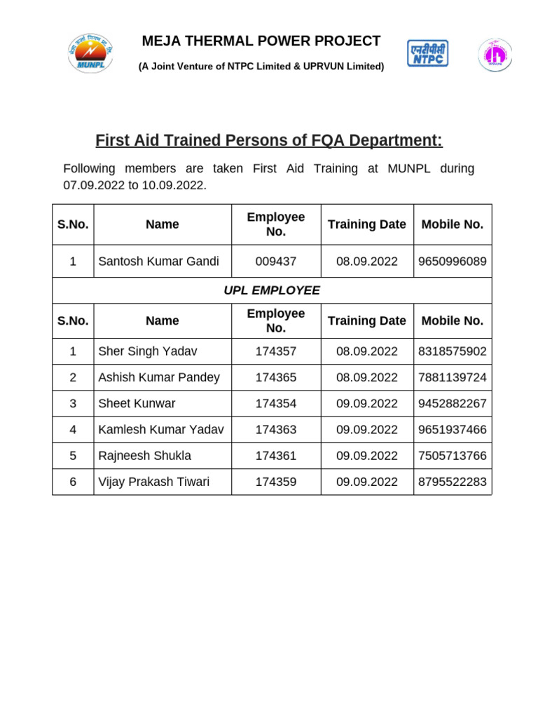 First Aid Training at Meja Power Project | PDF