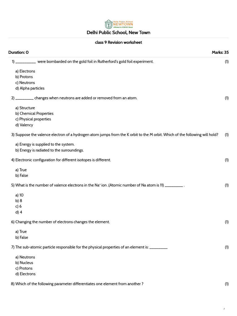 Class 9 Chemistry Revision Worksheet | PDF | Proton | Atoms