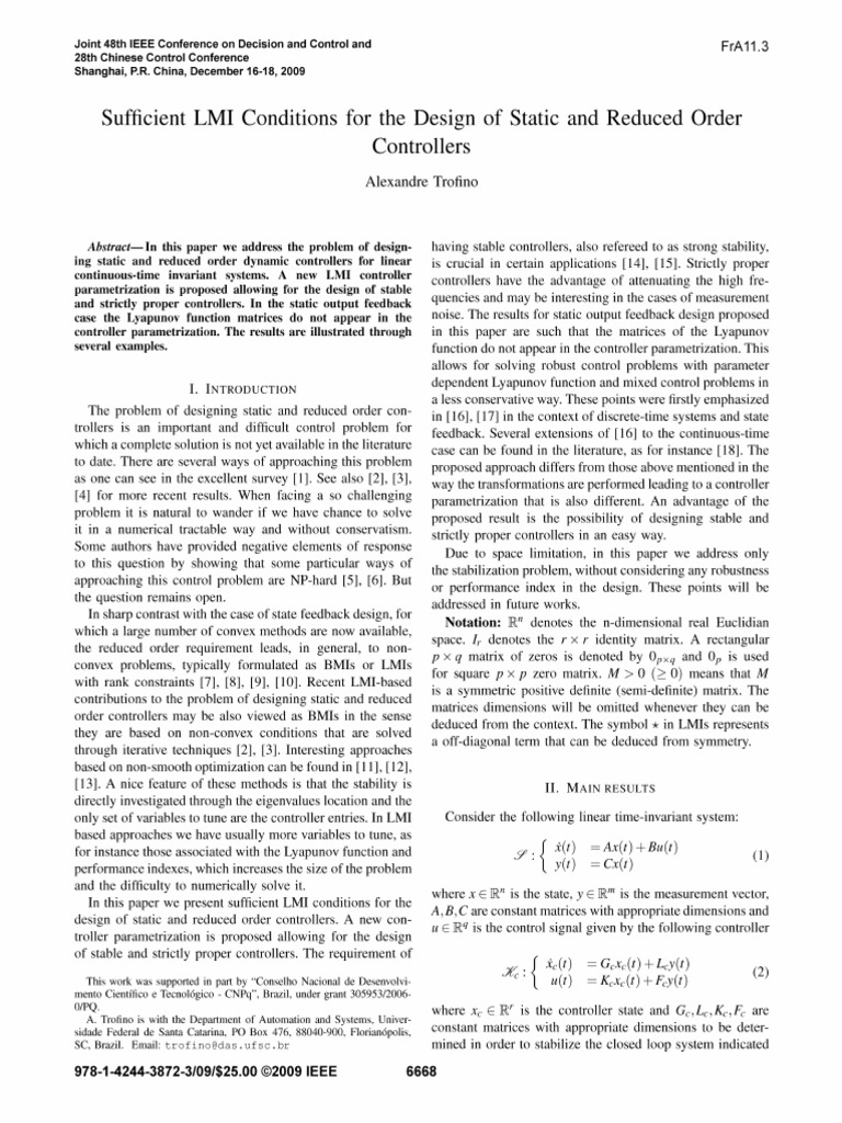 2009 Sufficient LMI Conditions For The Design of Static and Reduced ...
