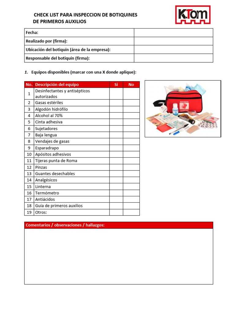 Inspección de Botiquines de Primeros Auxilios | PDF