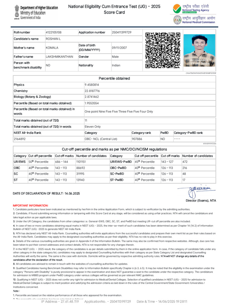 NEET UG 2025 Score Card Details | PDF | Tests | Student Assessment And ...