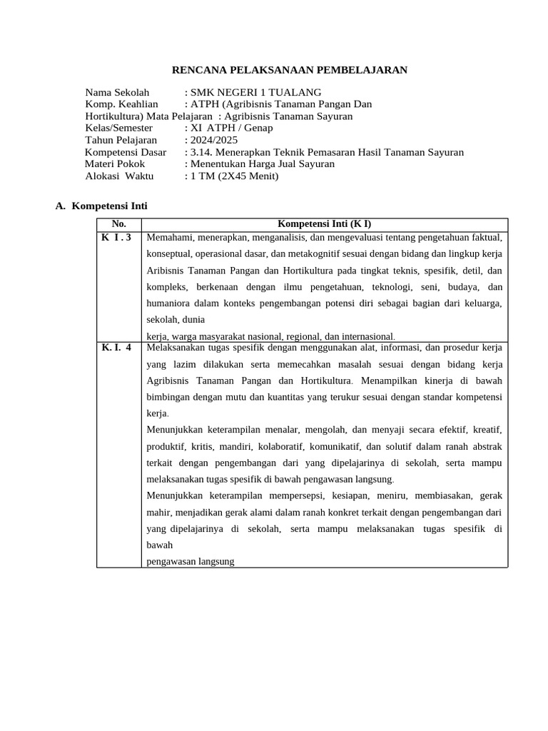 RPP Pemasaran Tanaman Sayuran | PDF