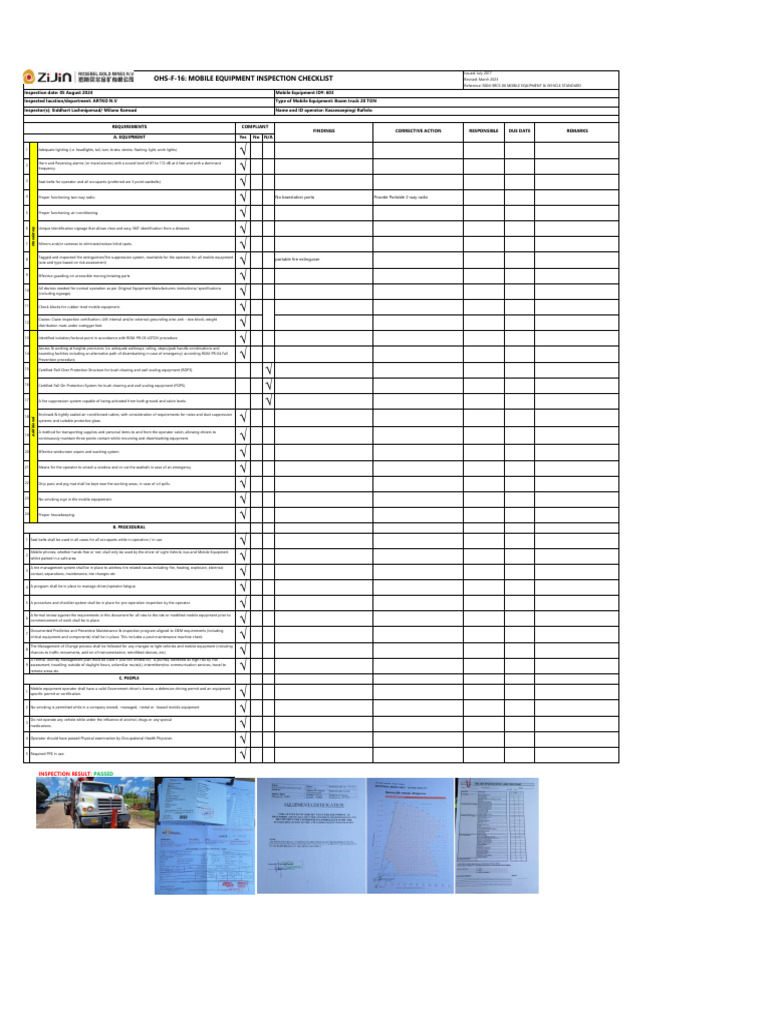 Mobile Equipment Safety Inspection Checklist | PDF | Seat Belt | Driving