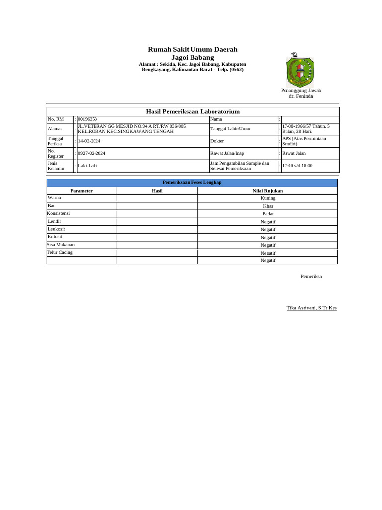 Hasil Pemeriksaan Feses Lengkap | PDF