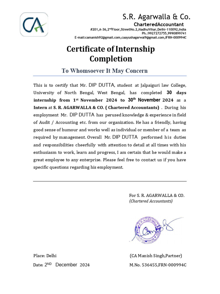 CA Internship Completion Certificate | PDF