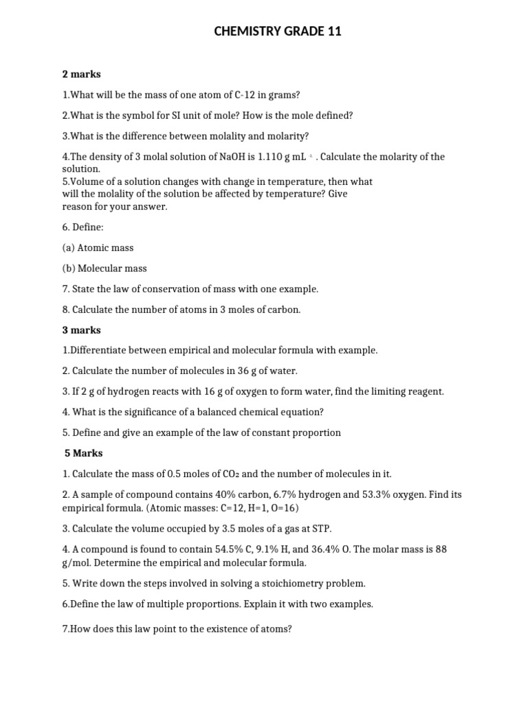 Grade 11 Chemistry Questions and Concepts | PDF