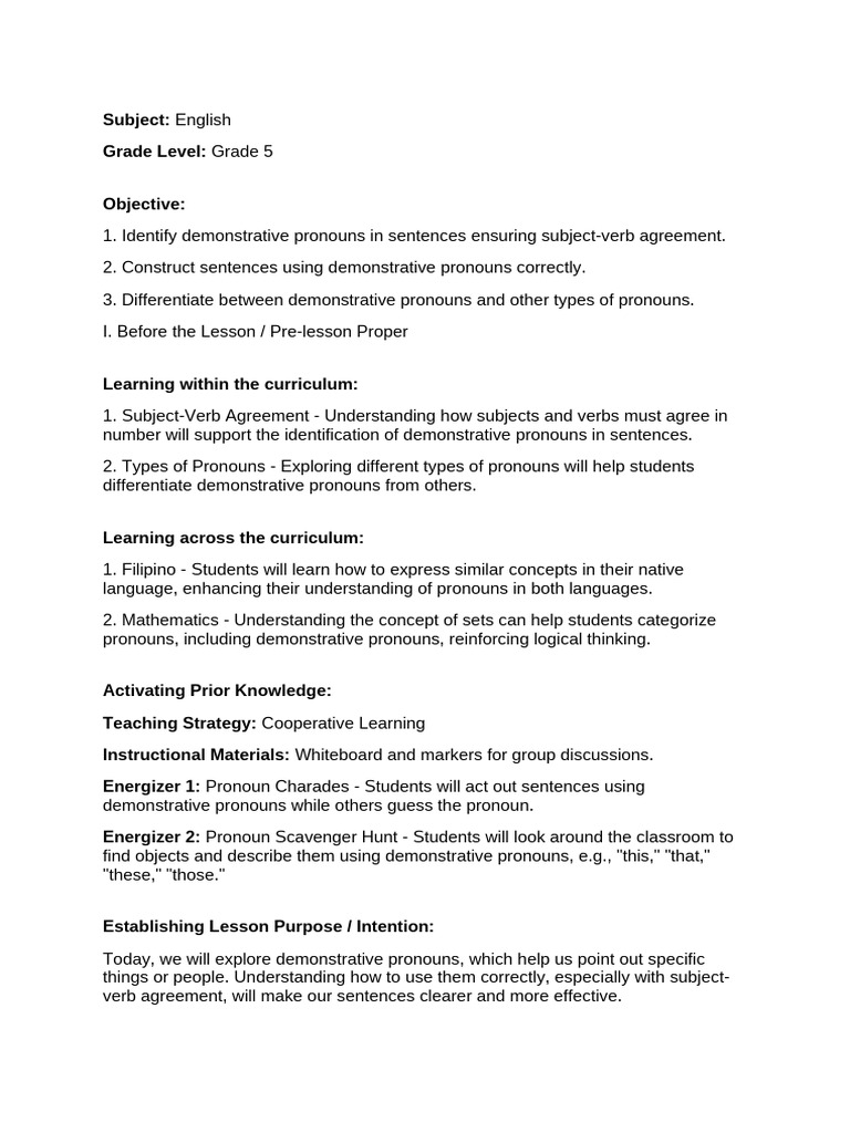 Lesson Plan English Grade 5 | PDF | Subject (Grammar) | Verb