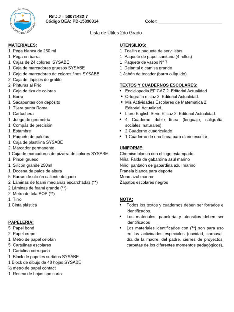 Lista de útiles escolares 2do grado | PDF