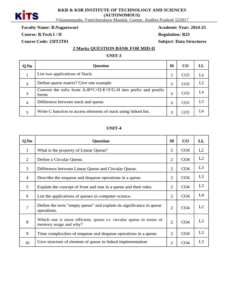 Data Structures Question Bank for B.Tech | PDF | Queue (Abstract Data ...